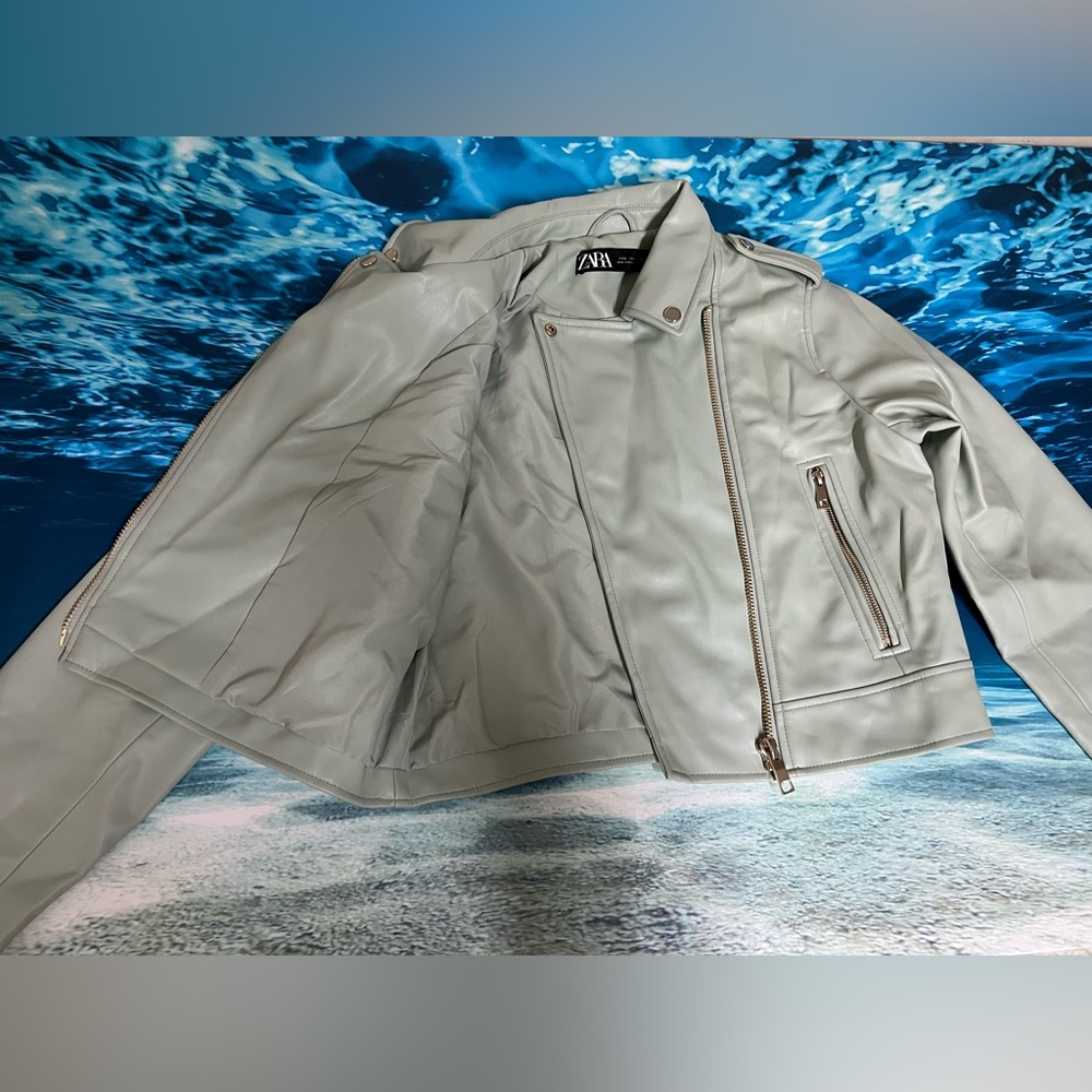 ❄️Zara Women's mint green Sage Moto Leather Jacket with Sleek Modern Feminine - Picture 9 of 13